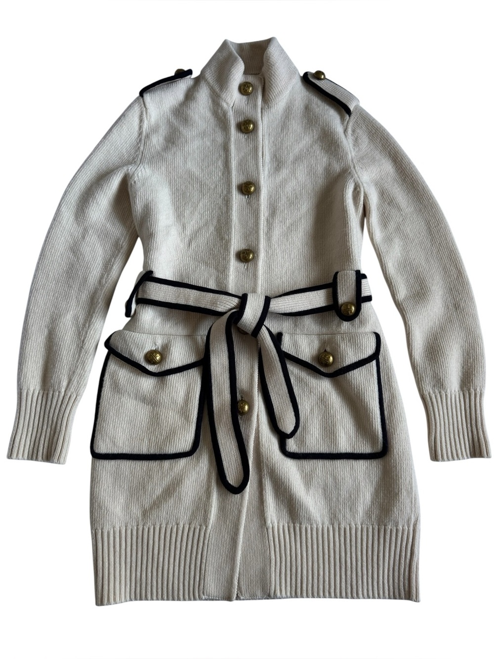 Tory Burch 100% Wool Belted Cardigan Small Cream Navy Military Sweater Coat Fall